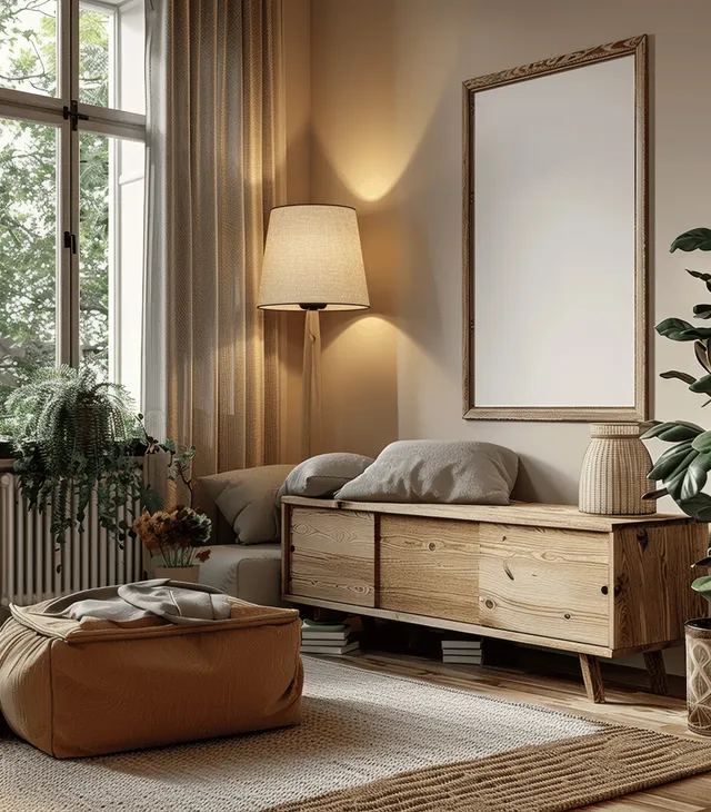 Minimalist living room scene with empty poster frame above wooden sideboard and warm lamps