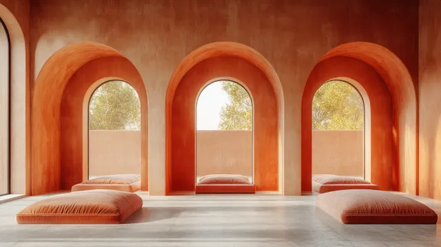 Empty room with terracotta arches, tall windows, and cushioned floor seating.