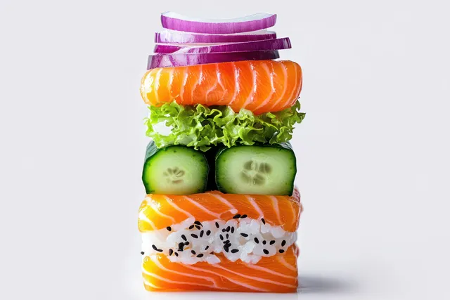 Layered stack of sushi ingredients with salmon, red onion, lettuce, cucumber, rice, and black sesame on white background.