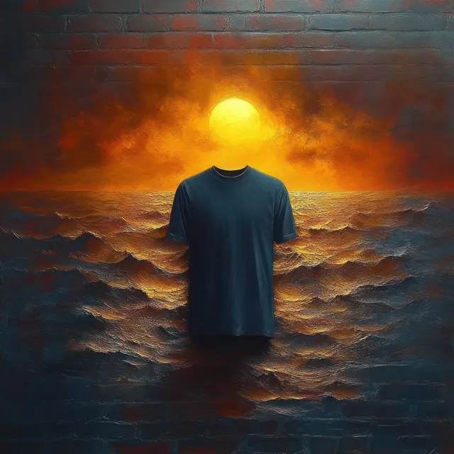 Floating dark t-shirt before glowing ocean sunset, merging waves into a surreal horizon glow