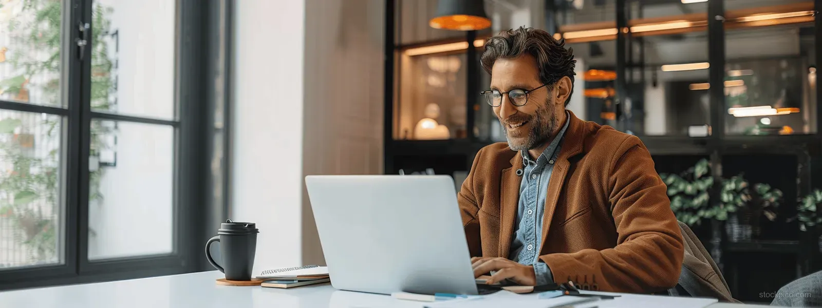 Smiling businessman typing on a laptop at a minimalist office desk beside a coffee mug.
