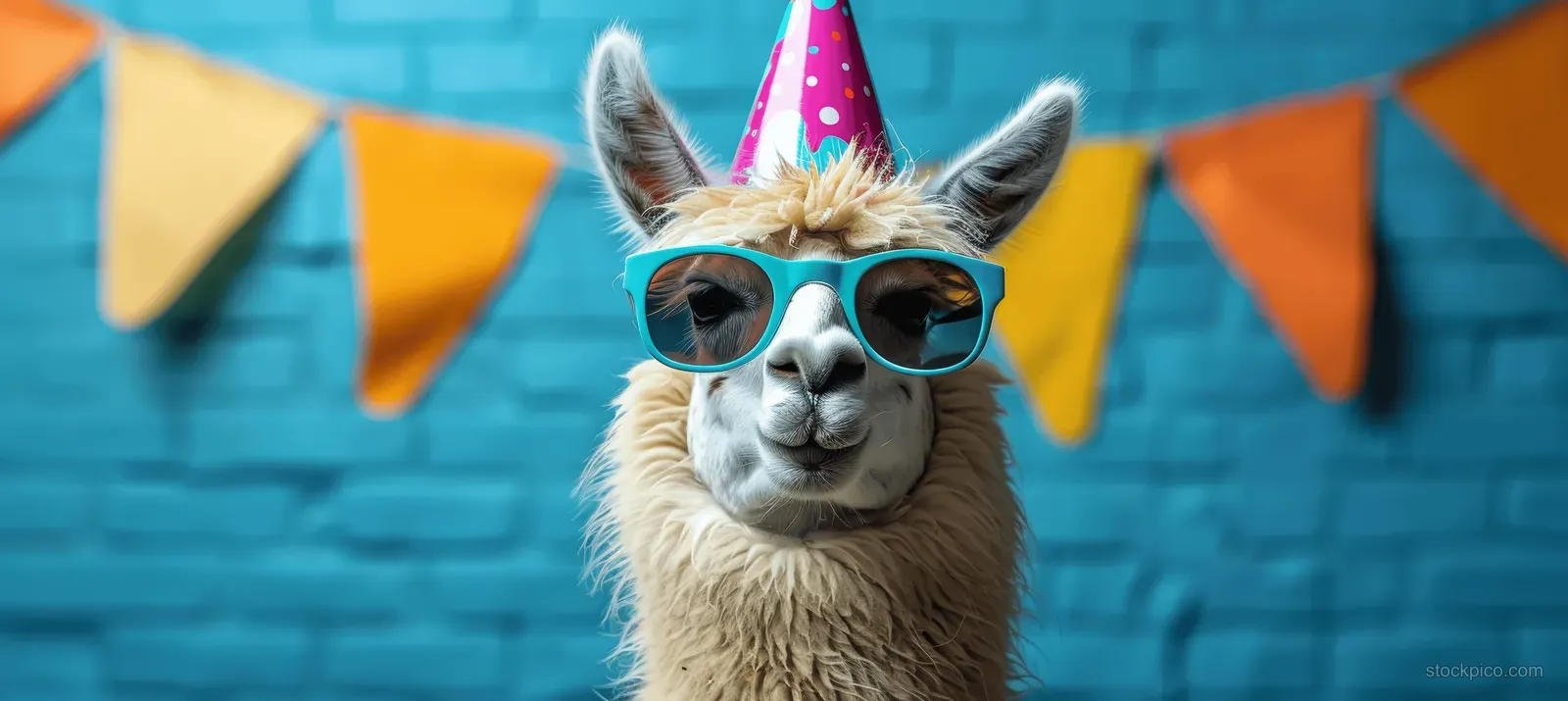 Funny alpaca in sunglasses and a party hat facing forward on a blue background with confetti and banner flags.