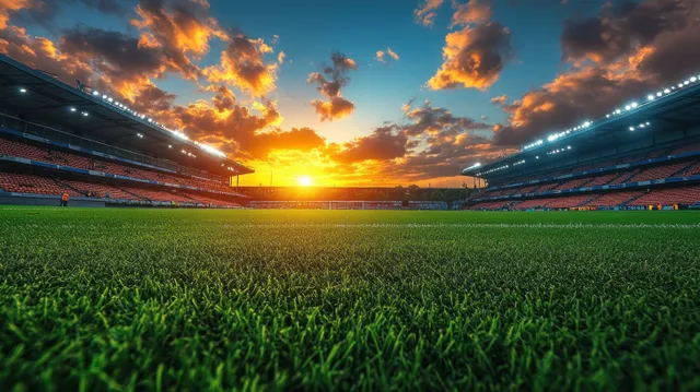 Floodlit soccer stadium at sunset with a bright sun over the green pitch and dramatic cloud-filled sky.