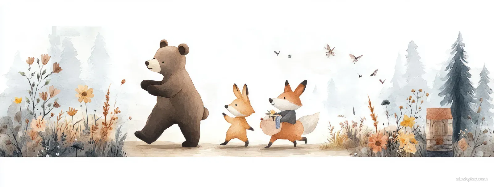 Watercolor bear and fox friends sit in a snowy forest clearing with flowers and misty trees in the background.
