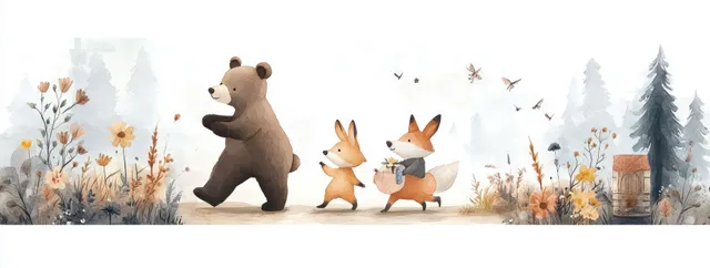 Watercolor bear and fox friends playing in a snowy forest clearing with flowers