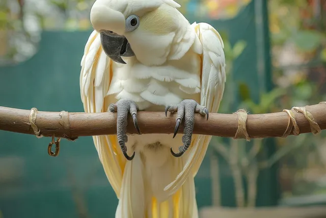White cockatoo perched on a wooden branch, looking toward the camera with a softly blurred green background.