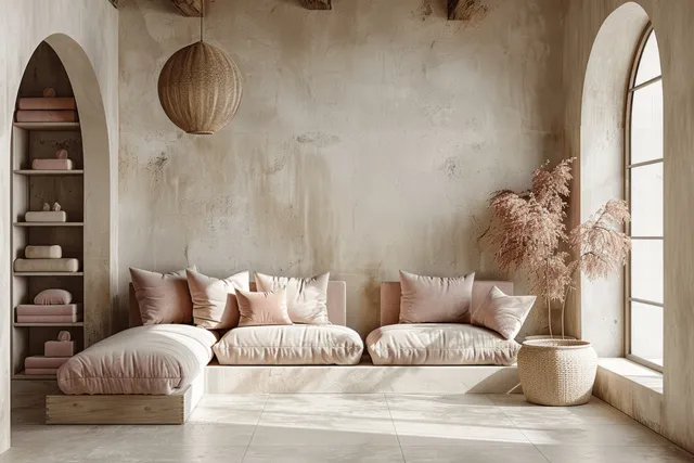 Beige sofa with pink pillows sits against a stucco wall in a bright minimalist living room with arched windows and a pendant lamp.