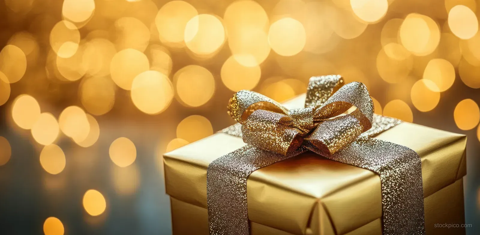 A golden Christmas gift box with a glittery bow sits in front of softly blurred warm holiday bokeh lights.