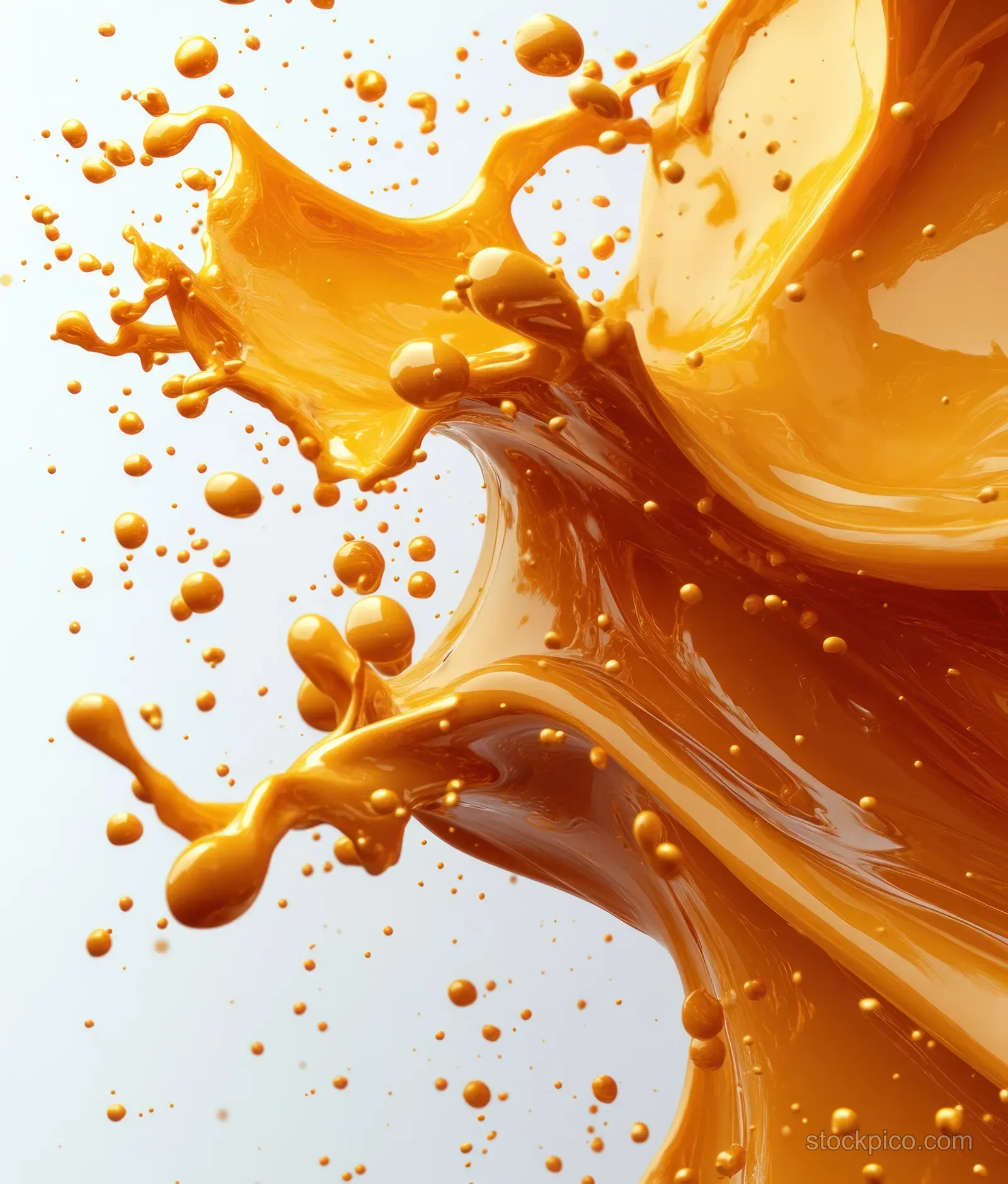 Golden oil splash with droplets and flowing ribbons against a white background in macro detail.