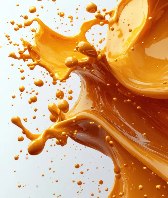 Golden oil splash with droplets and flowing ribbons against a white background in macro detail.