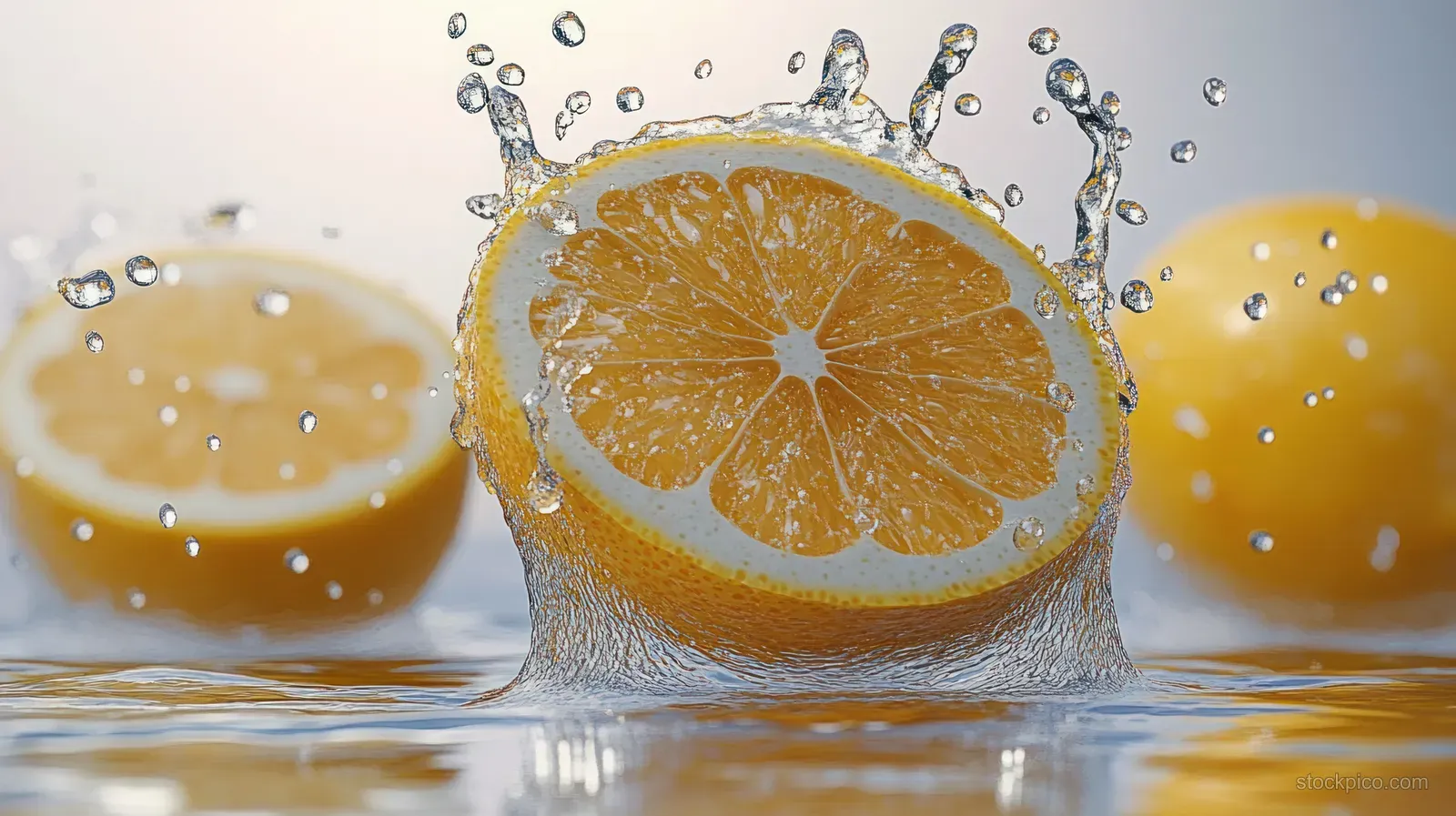 A lemon slice splashes into clear water as droplets freeze mid-air, with whole lemons blurred in the background.