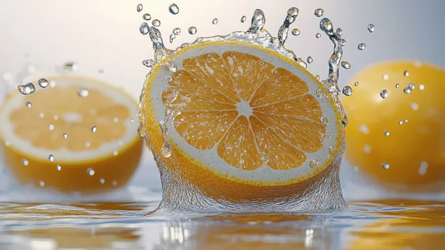 Lemon slice splashes into clear water with droplets frozen mid-air and whole lemons