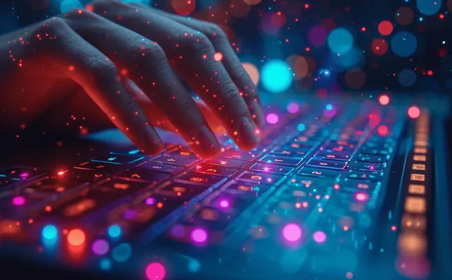 A hand hovers over a holographic calendar with glowing red highlighted dates in a tech office scene.