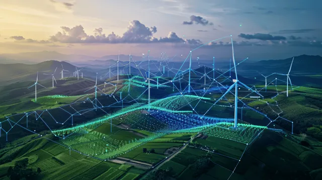 Wind turbines across green fields with glowing network lines at dusk