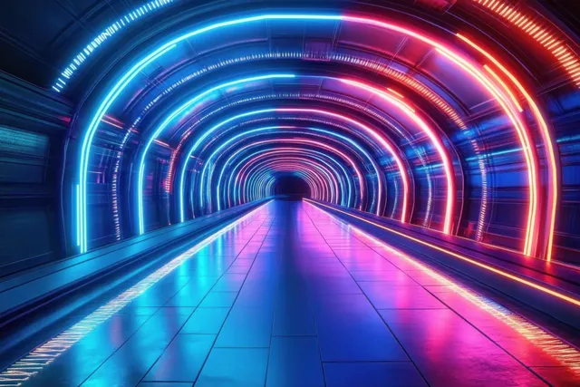Futuristic neon tunnel with blue and red glowing rings reflecting on shiny tiled floor