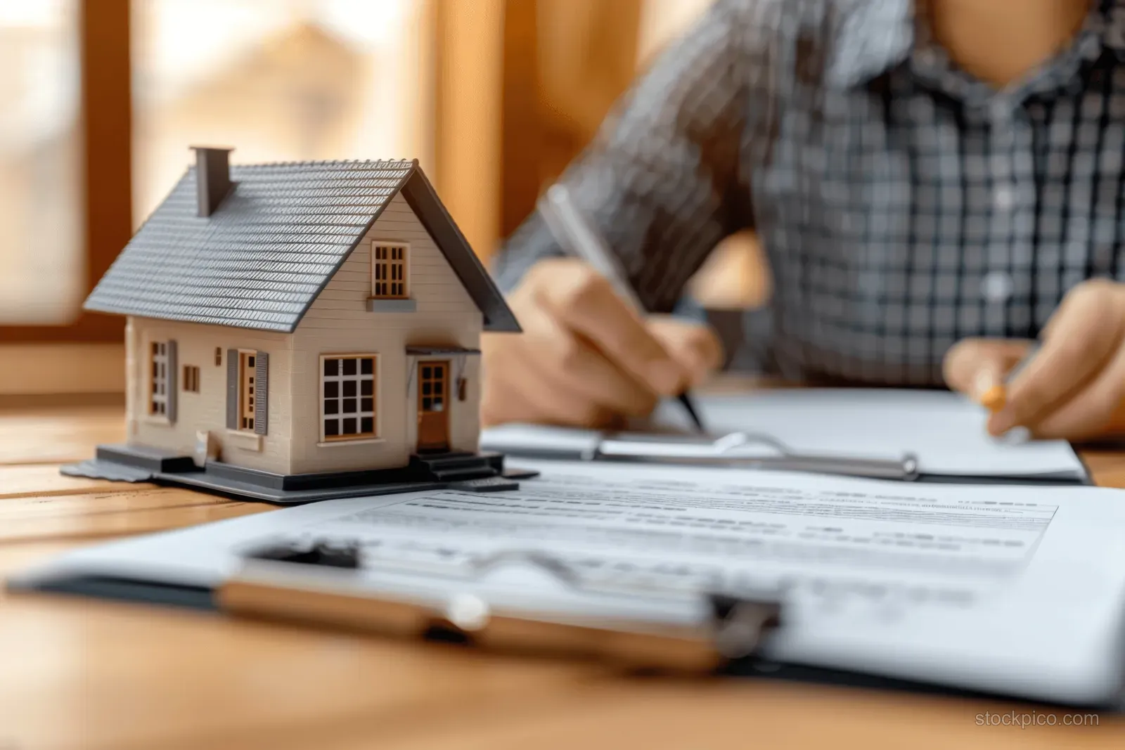 A real estate agent signs house sale documents at a desk beside a miniature house model.