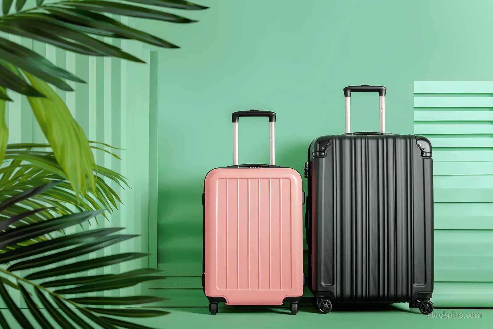Pastel pink and black suitcases stand on a green background with palm leaves at the edges.