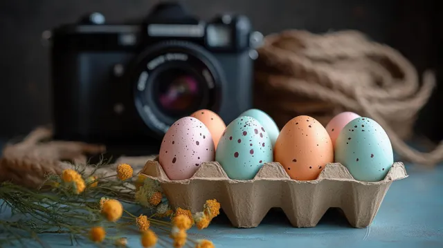 Pastel speckled eggs in a carton on a blue tabletop beside a vintage camera and dried flowers.
