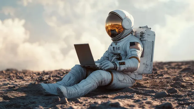 Astronaut in a space suit sits on rocky terrain using a laptop while clouds fill the sky.