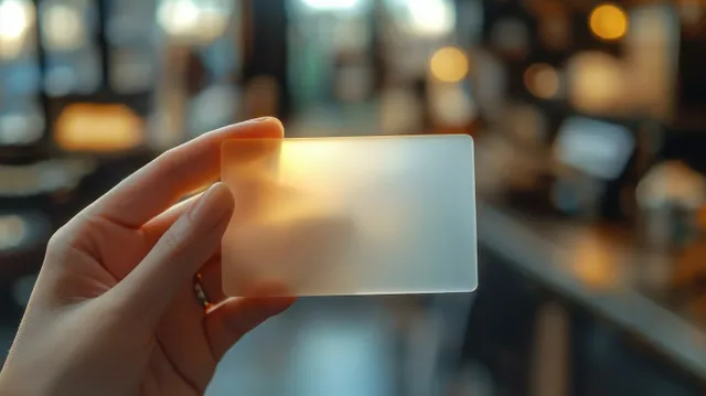 Hand Holding a Translucent Frosted Plastic Card with Warm Bokeh