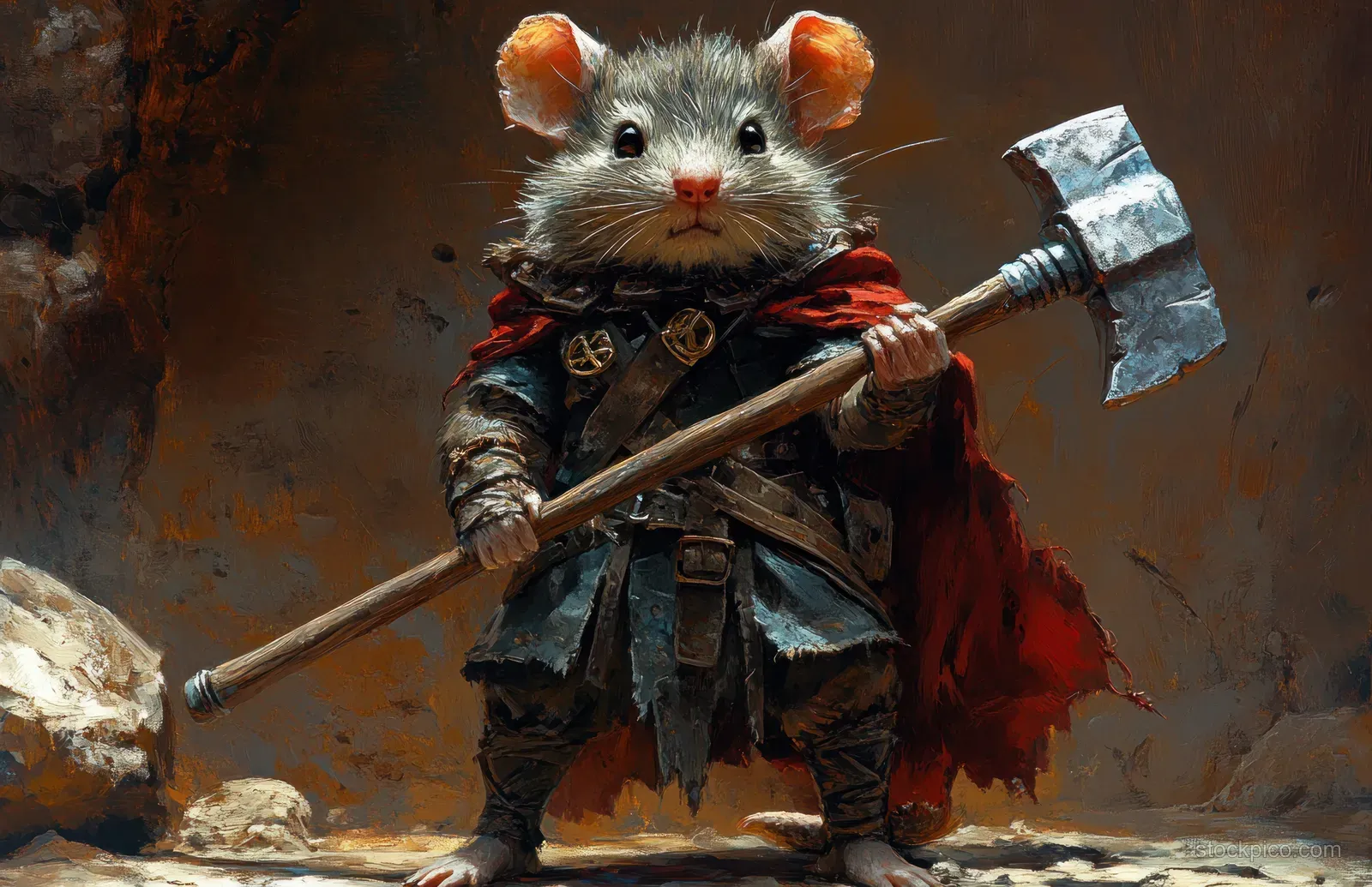 An anthropomorphic rat warrior holds an axe in a smoky dungeon, lit by dramatic dark shadows.