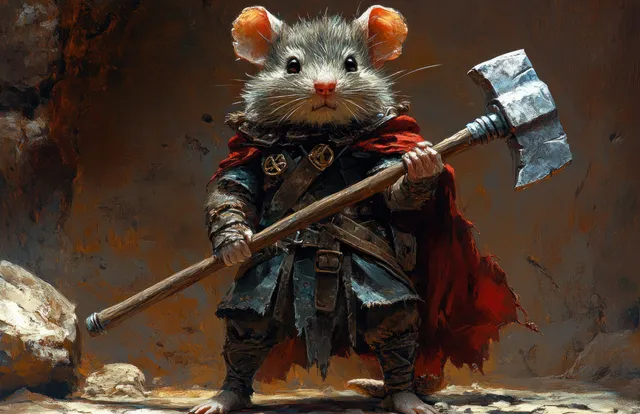 An anthropomorphic rat warrior holds an axe in a smoky dungeon, lit by dramatic dark shadows.