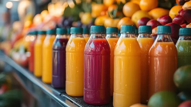 Row of colorful fruit juice bottles on a market shelf with blurred produce behind