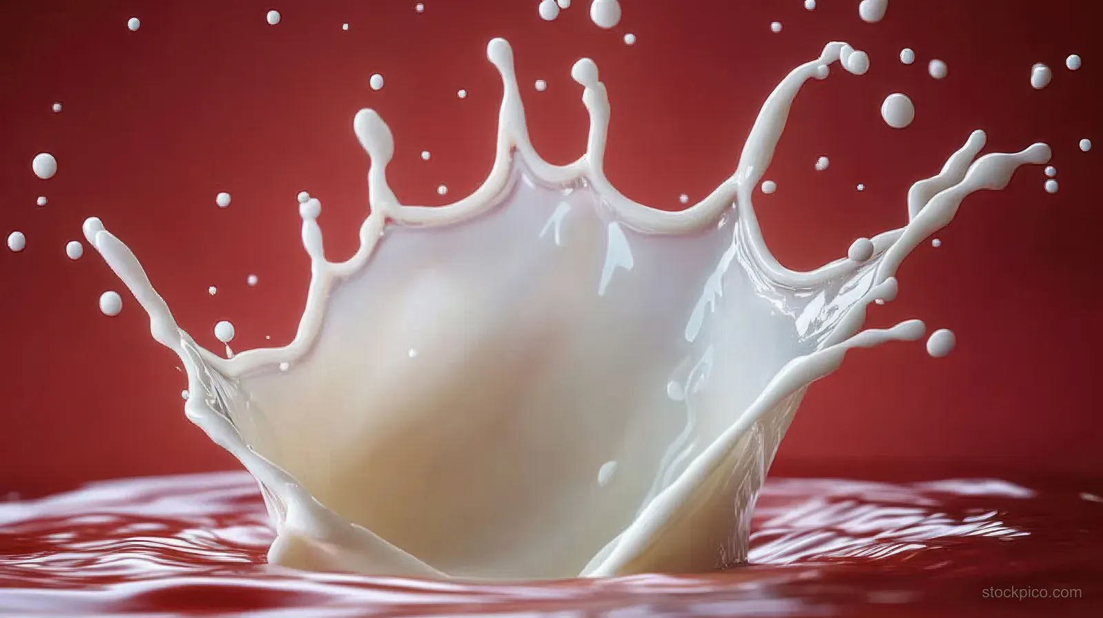 White milk splash bursts upward on a glossy red surface with droplets suspended in mid-air.
