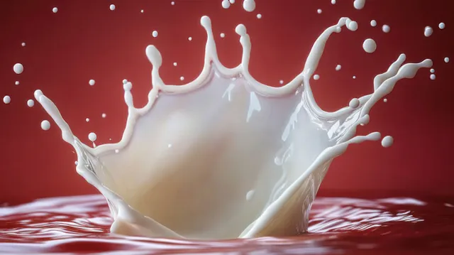 White milk splash bursts upward on a glossy red surface with droplets suspended in mid-air.