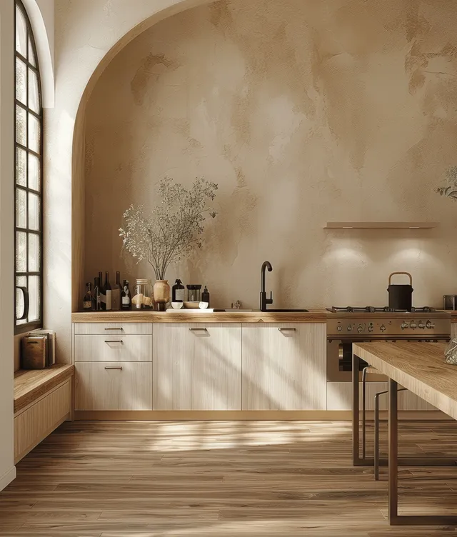 Minimalist kitchen interior with beige walls, light wood counter, and arched doorway lit by soft sunlight.