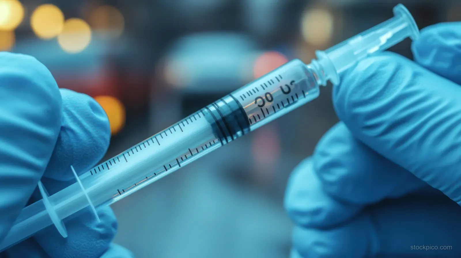 Blue-gloved hands hold a syringe with clear liquid in a blurred clinical setting.
