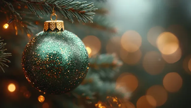 Green glitter Christmas bauble hanging on pine branch with warm glowing bokeh lights