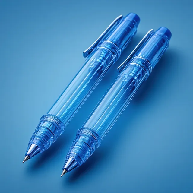 Two blue injection pens with needle tips hover on a gradient background with a soft shadow.