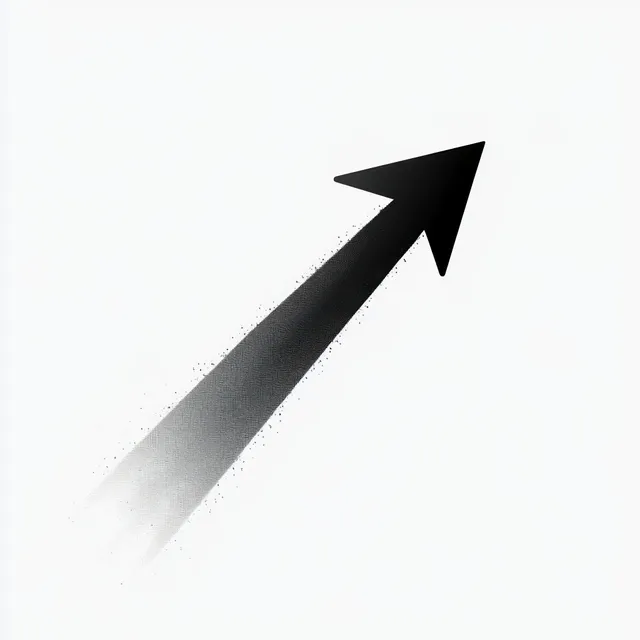 Black diagonal upward arrow on a white background with a fading spray-painted trail along the lower edge.