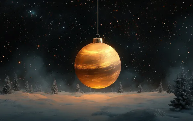 A golden Venus ornament hangs over a snowy winter scene beneath a starry night sky and moonlit haze.