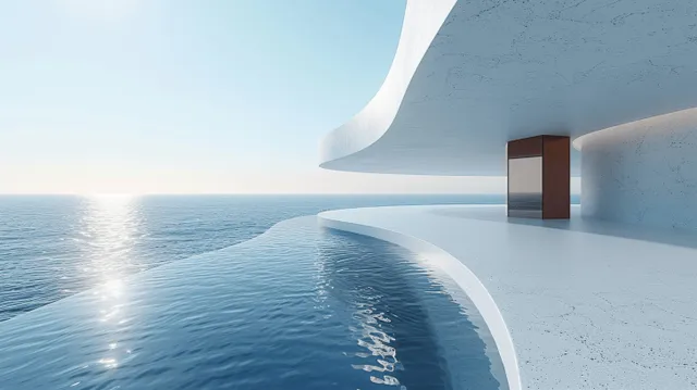 Minimalist white curved facade meets reflective blue ocean water under a clear sky in a 3D architectural render.
