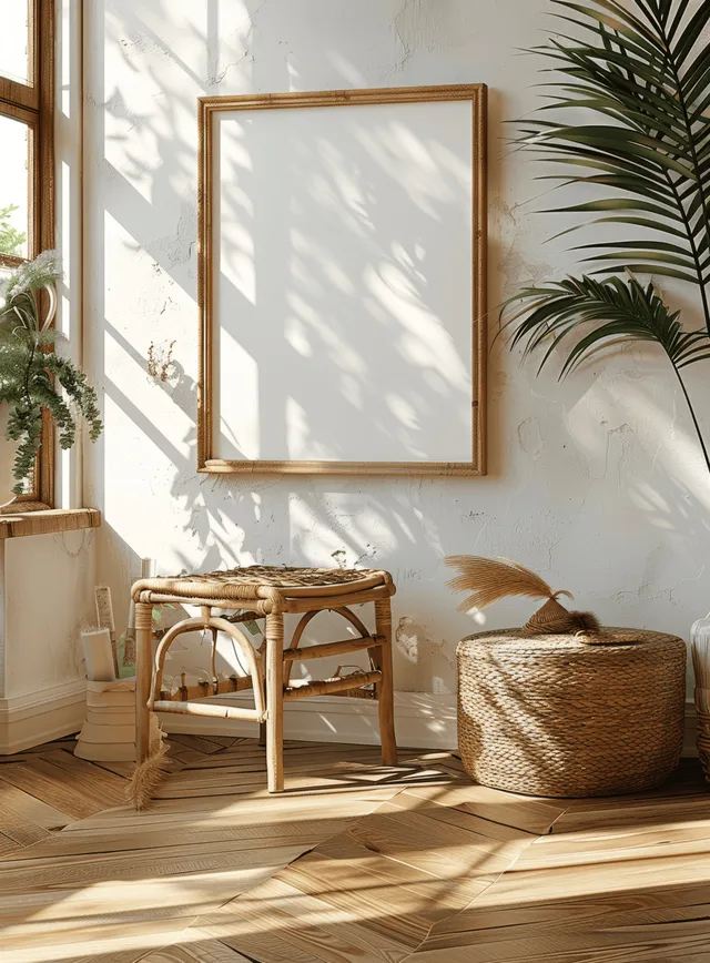 Blank poster frame on a sunlit wall above a wicker side table with natural wood accents and leafy plants.