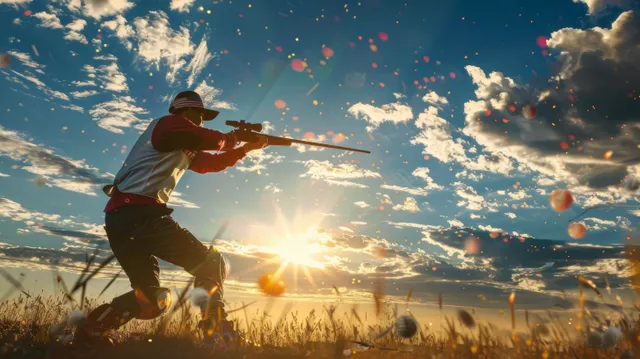 Skeet shooter blasting clay targets at sunset with dramatic sunburst over rural fields