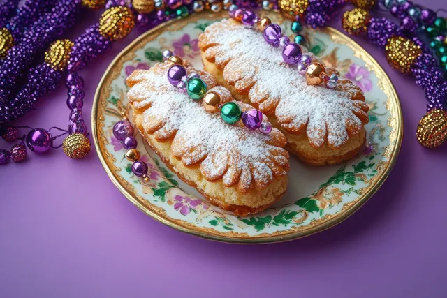 Two powdered sugar crescent pastries sit on a floral plate with Mardi Gras beads on a purple background.