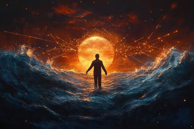 Silhouette person stands in churning ocean waves facing a fiery sun with constellation patterns against a dark sky.