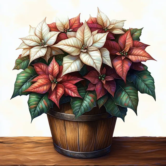 A vibrant poinsettia bouquet with red and white blossoms in a wooden bucket on a rustic wooden surface.