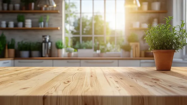 Sunlit Scandinavian kitchen interior with a wooden countertop in the foreground and potted plants by a bright window.