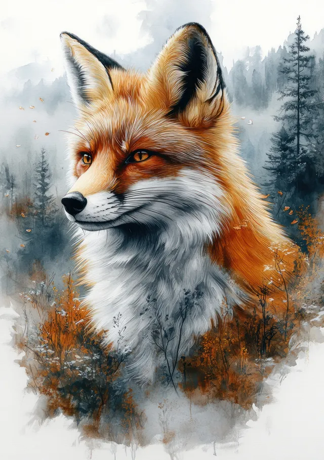 Fluffy red fox portrait painted in watercolor with a misty blue-gray pine forest background.
