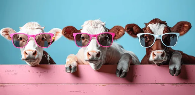 Three cows wearing sunglasses peek over a pink fence against a blue background.