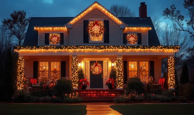 A suburban Christmas house glows with warm lights, wreaths in windows, and holiday decorations at dusk.