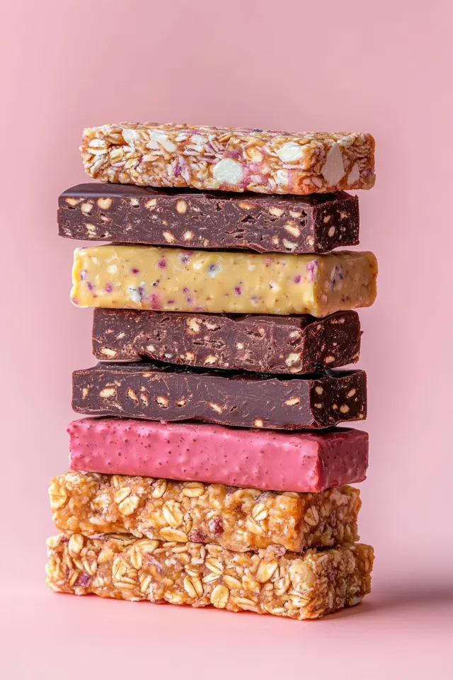 Stacked gluten-free granola bars with nuts and dried fruits on a pastel pink background.