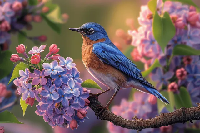 A bluebird perched on a lilac branch among purple blossoms and green leaves in warm spring light.