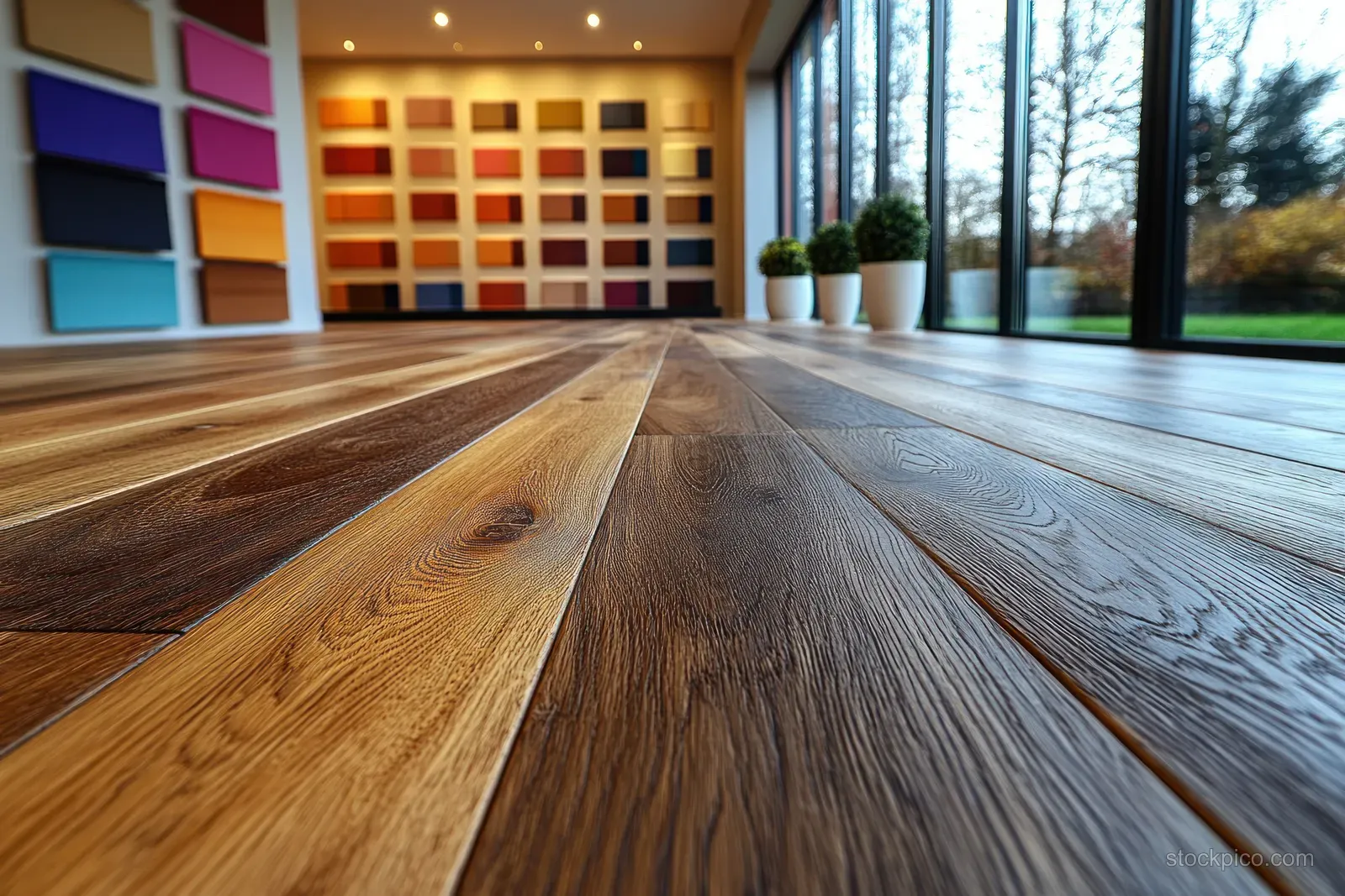 Wooden floorboards extend into a minimalist room while colorful laminate samples line the wall display.