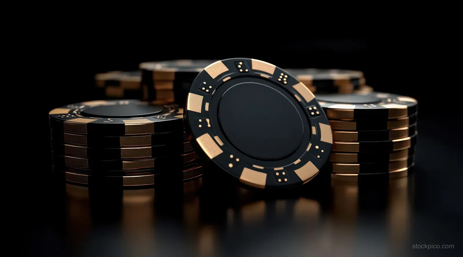 Stacked black and gold poker chips with glossy reflections arranged in a centered pile on a dark background.