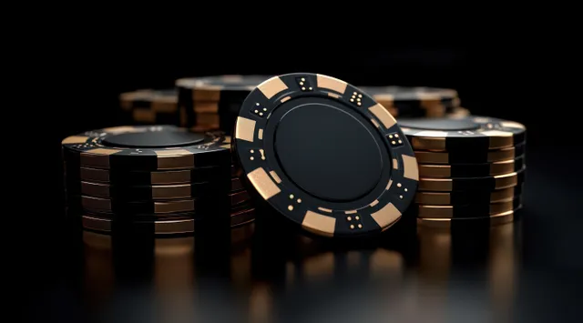 Stacked black and gold poker chips with spotlight reflections isolated on dark background